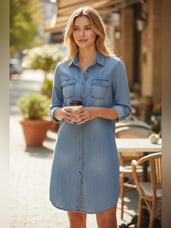 Dresses & Skirts - Denim Button-Down Shirt Dress Long Sleeve Size Small